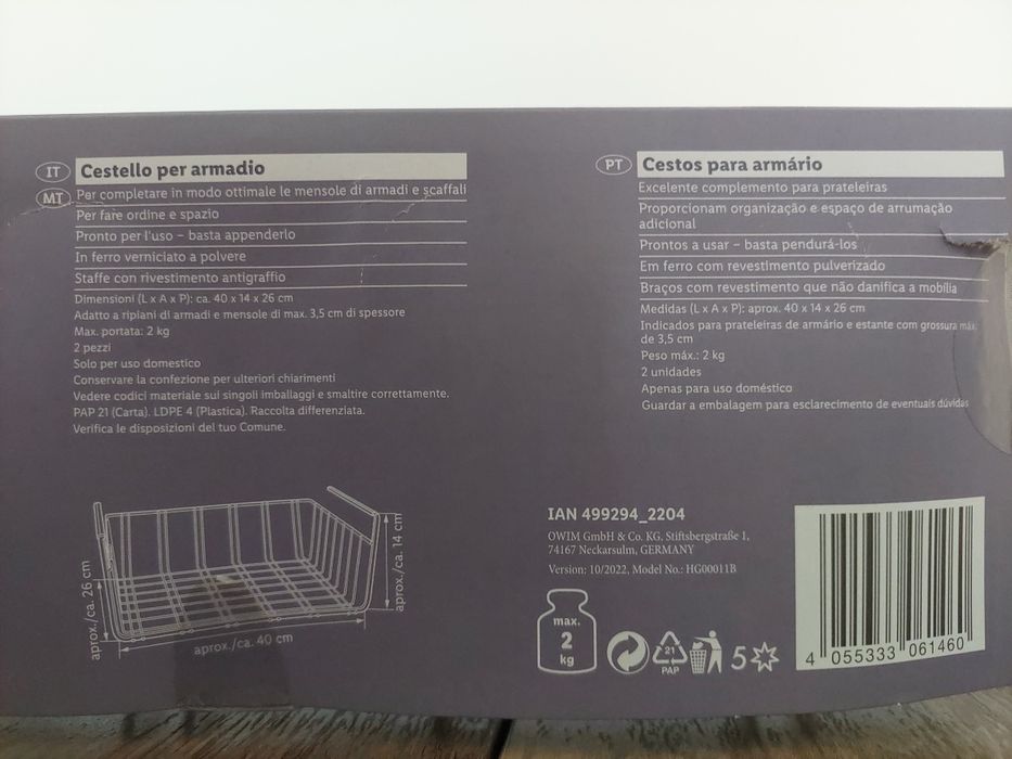 Cestos para armário (2 peças) NOVO