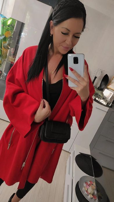 Piękny czerwony płaszcz oversize Jaana Parkkila Marimekko Wełna
