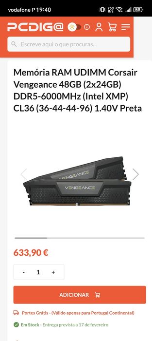 48GB Memória RAM DDR5 CORSAIR 6000 CL36