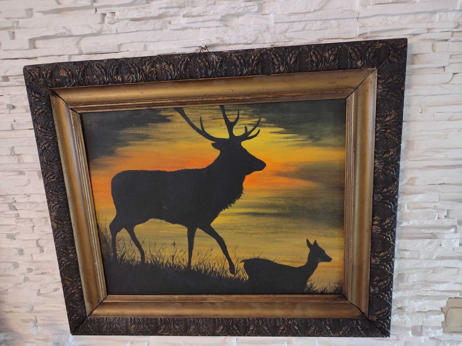 Łowiectwo myślistwo obraz olejny antyk