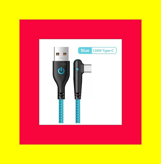 1,5м Кутовий кабель 90° 100W 6A USB Type-C,  Чорний//Червоний//Голубий