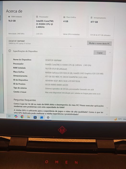 Portátil gaming HP omen 15-dc1044np