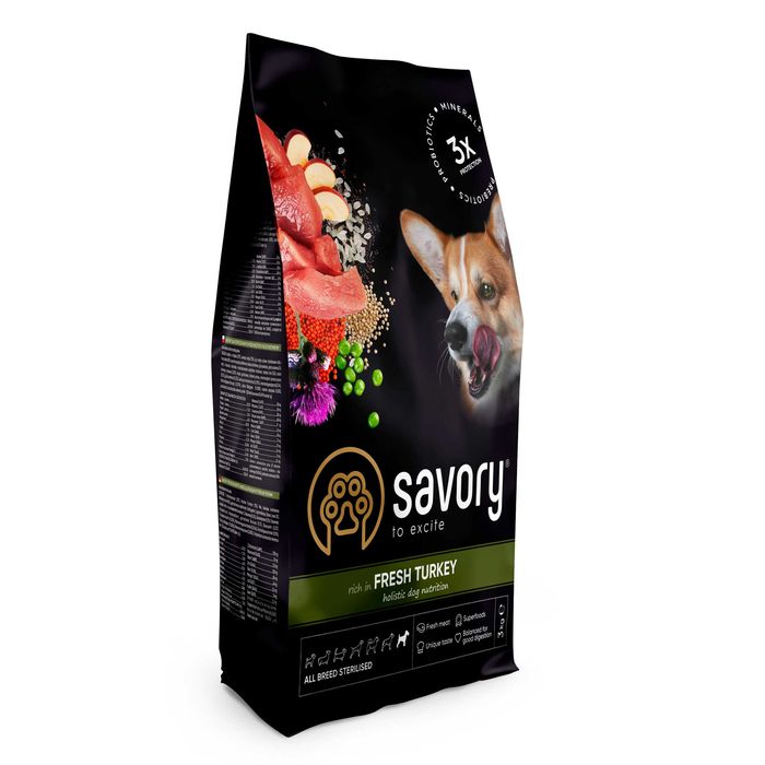 Savory dog all breed sterilised корм с индейкой стерил.собаки 3кг 12кг