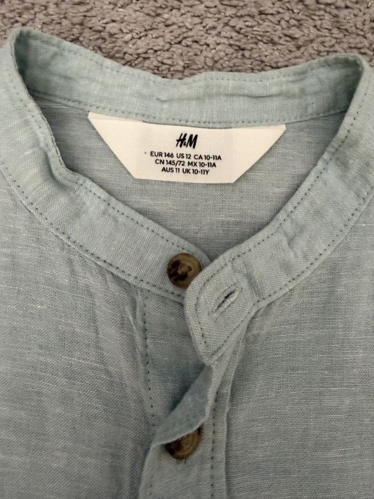 Дитяча лляна сорочка з коміром стійкою  H&M  мʼятного кольору 10- 11 р