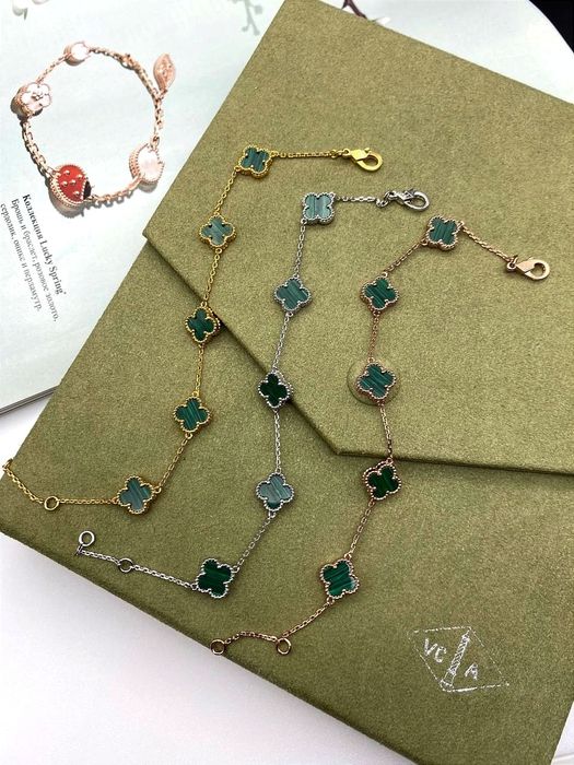 Люкс Браслет Van Cleef Ван клиф клевер малахит оникс жемчуг цепочка