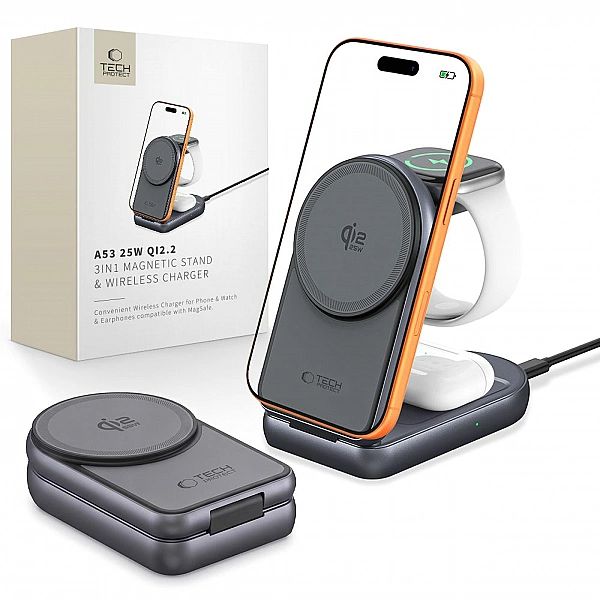 Tech-Protect A53/3In1 Magnetic Magsafe Wireless Charger 25W Qi2.2 Dark