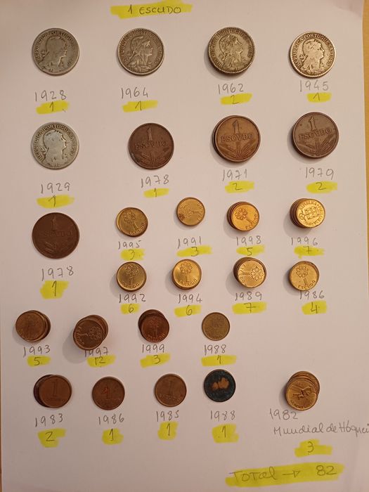 Moedas antigas de 1,00 escudo e 50 centavos