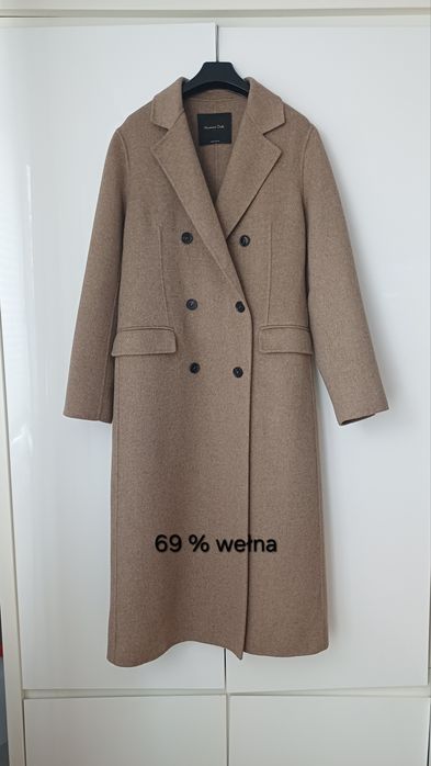 Massimo Dutti wełniany płaszcz brązowy taupe wełna długi midi wiosenny