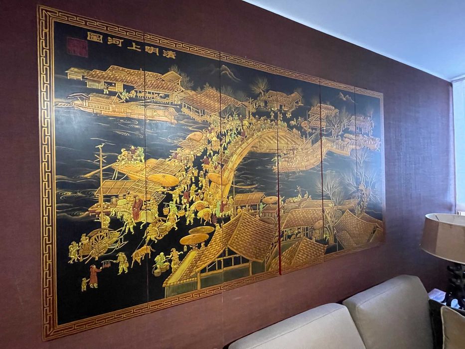Biombo Chinês Lacado Pintado à Mão - 6 Folhas - Grande Formato