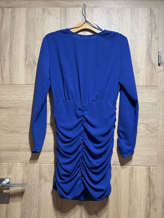 S 36 Zara błękitna chabrowa sukienka dekolt V długi rękaw Sylwester