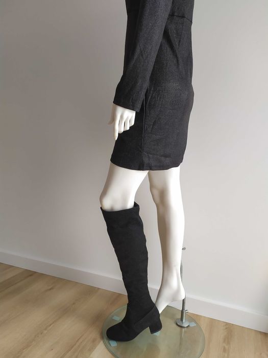 Czarne błyszczące kozaki przed kolano roz 37 szpilki ze skarpetą