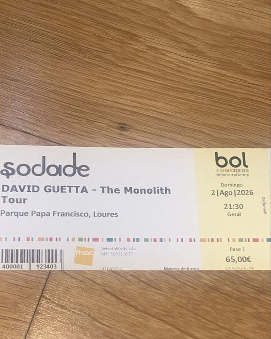 Bilhete para David Guetta 2 de Agosto 2026 Lisboa