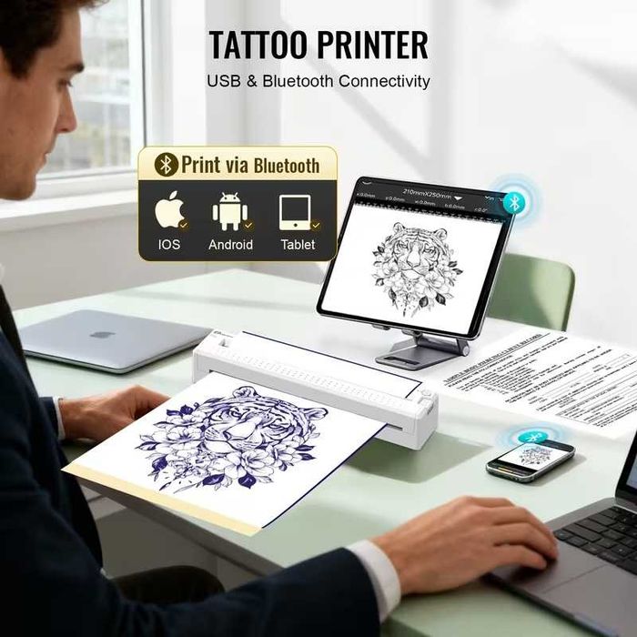 Гарантія! Професійний тату принтер трансферний Bluetooth/USB, підтримка Android/iOS/Windows/MacOS