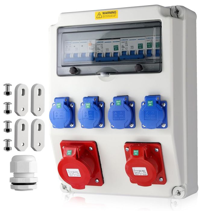 EYPINS Rozdzielacz budowlany IP66 4x230V + CEE 32/16A z LS+FI