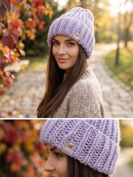 Ręcznie Robiona Czapka Wełniana Handmade – 100% Wełna | Fiolet / Lawenda