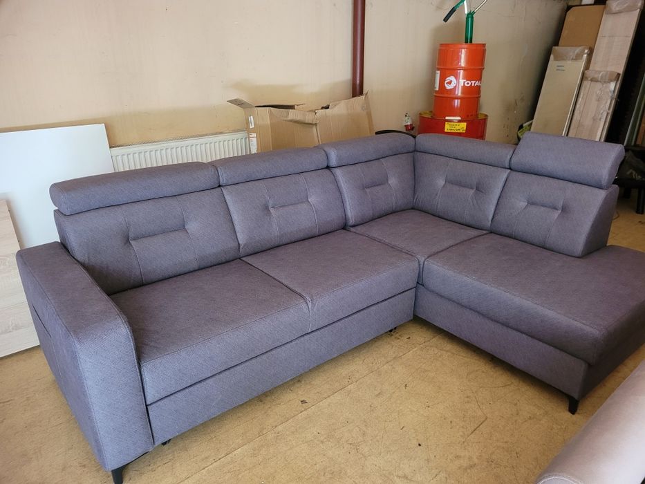 Narożnik PROMOCJA szary z funkcją spania, pojemnik na pościel