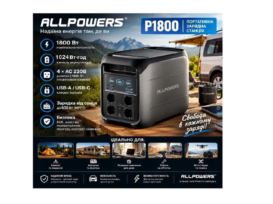 ALLPOWERS P1800 Зарядна станція Потужність 1800 Вт Ємність 1024 Вт/год. LiFePO₄, USB-A, USB-C AC, DC