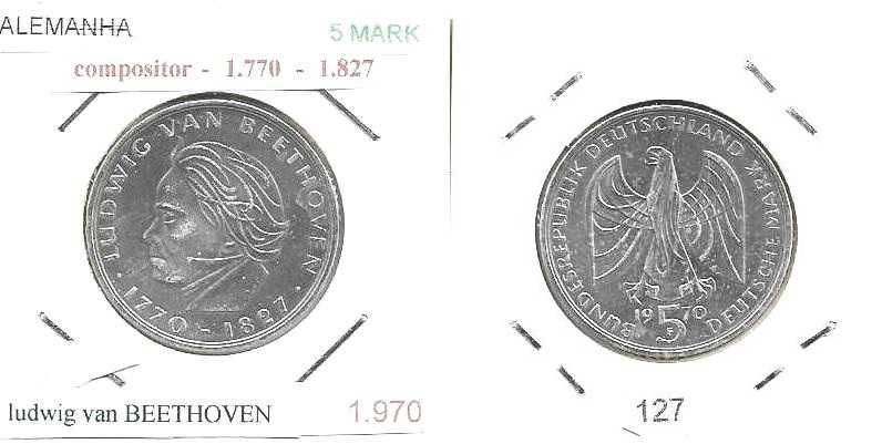 Alemanha - - 5 Mark - 1970-F -  Ludwig van Beethoven -- Moeda de Prata
