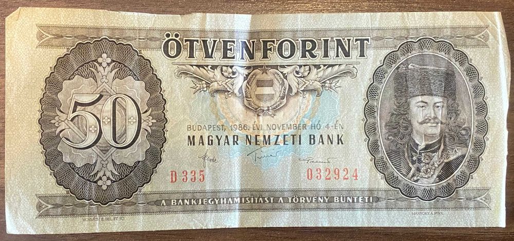 Nota antiga Hungria 50 Forint 1986 - Magyar Nemzeti Bank