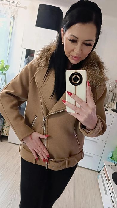 Kurtka biker motocyklowa Wełna H&M Hit L beż camel