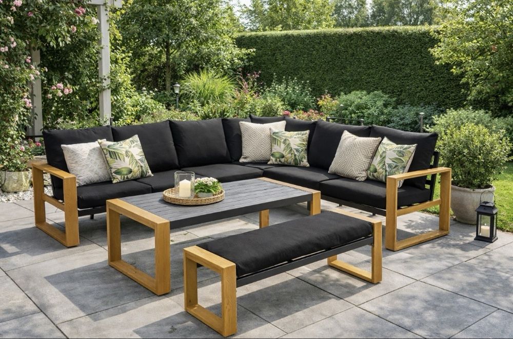 Zestaw mebli ogrodowych narożny ze stołem i ławkæ