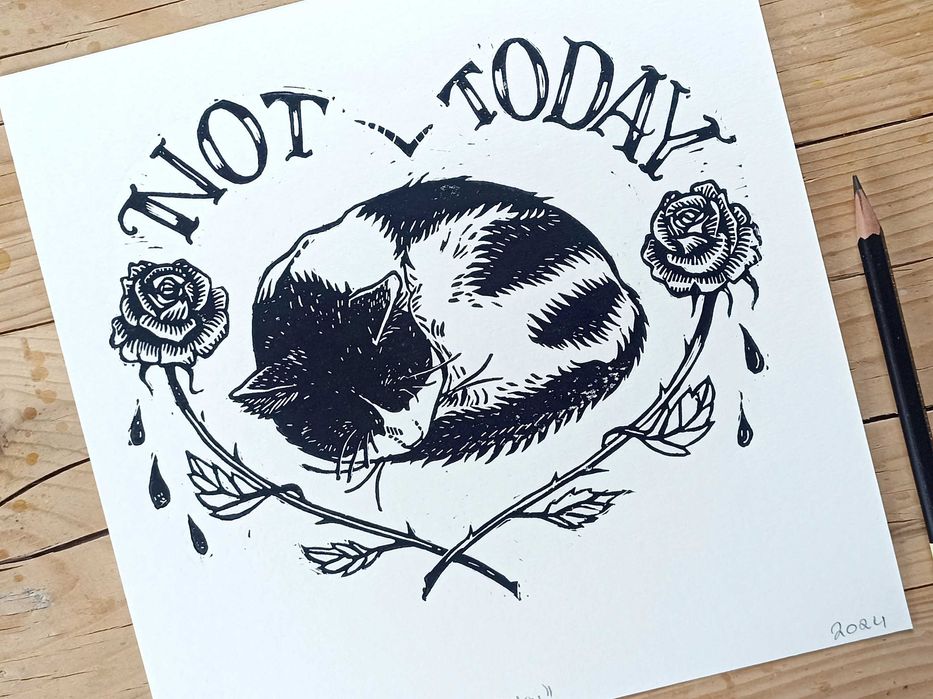 Linoryt, czarno biały kot "Not Today", grafika 21 x 21 cm