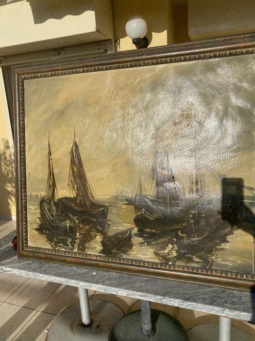 Óleo sobre tela “Barques de pêche au port” Pintor belga Lemmers séc 19