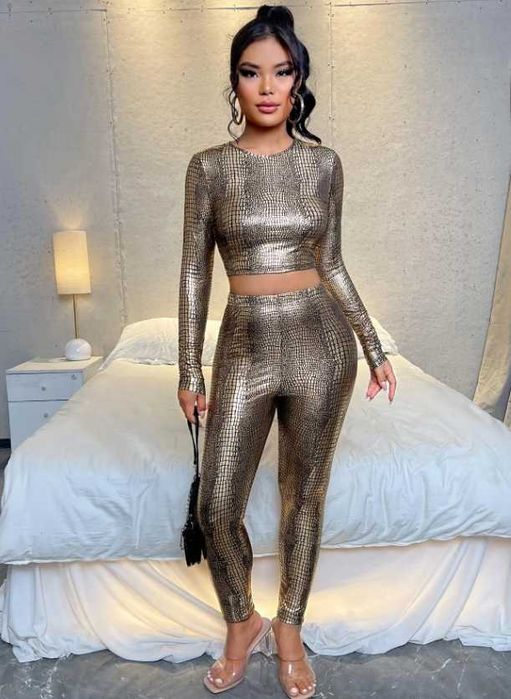 złoty czarny zestaw dwuczęściowy krokodyl top bluzka koszulka legginsy
