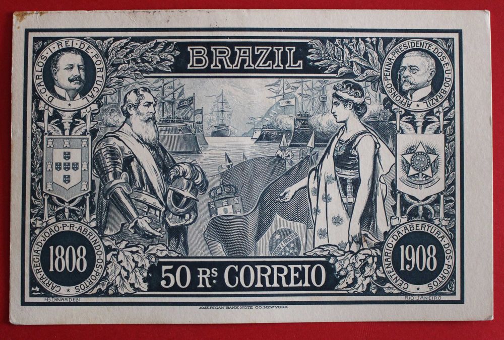 Brasil Centenário Abertura Portos 1908 Rei D Carlos Postal Ilustrado