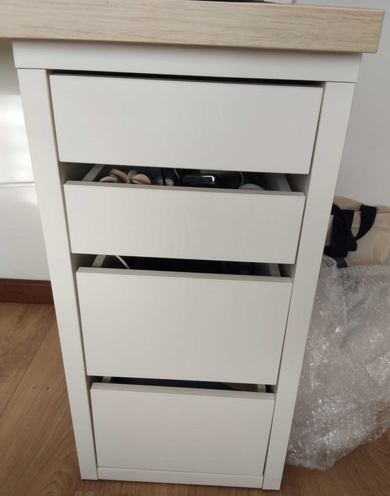 Bloco de gavetas, branco, 35x75 cm + Tampo, velatura branca efeito carvalho, 100x60 cm
