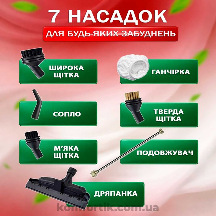 Універсальний пароочисник для дому 2500 Вт + 7 насадок відпарювач