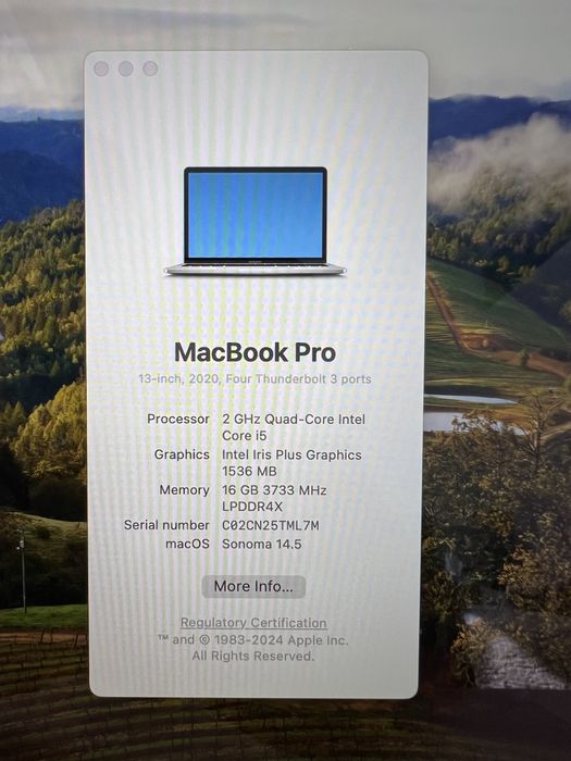 MacBook Pro 13" 2020 (A2251), intel i5, 16GB RAM, 1TB SSD