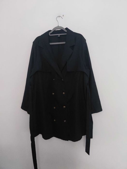 Czarny damski płaszcz szlafrokowy, trencz plus size 48, 50