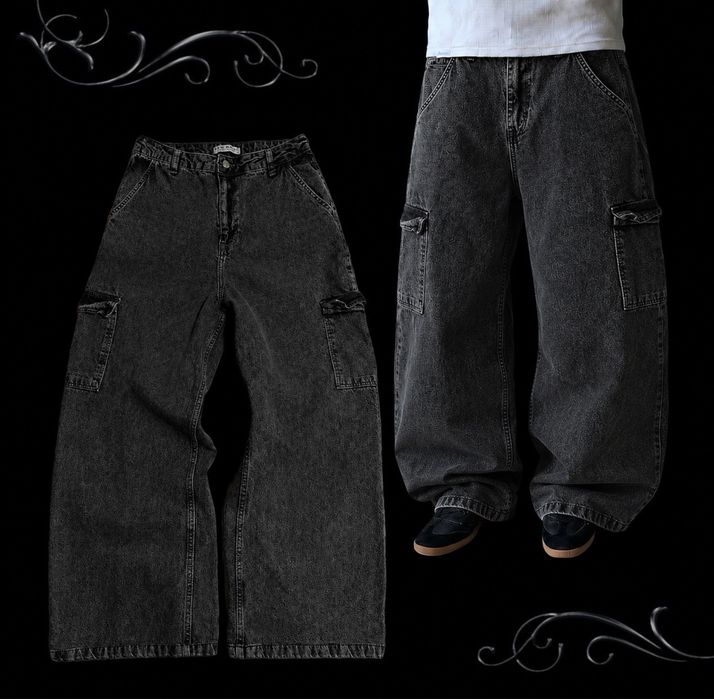 Чорні джинси XS-S black oversize cargo baggy jeans distressed opium 2k sk8 racer balenci jaded type avantgarde archive custom