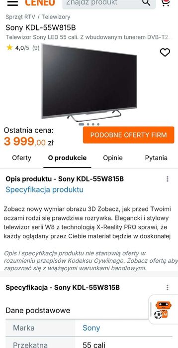 Telewizor SONY 55 cali 3D KDL-55W815B | 55" | Full HD | 100Hz | Klasa Premium