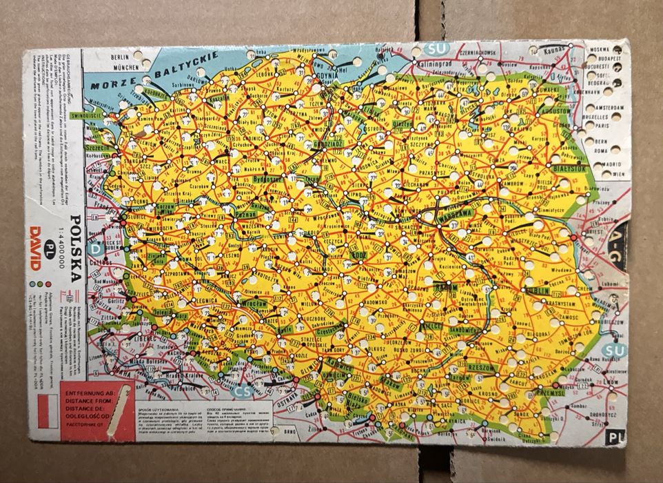 Stara mapa Polski odległości między miastami A-L
