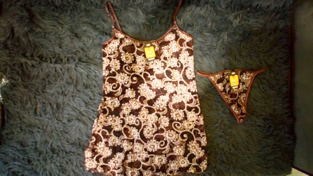 Brązowo – srebrny komplet: koszulka i stringi, r. S / M