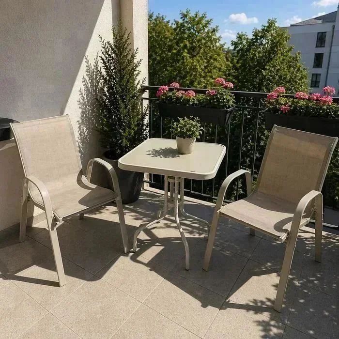 NOWY Zestaw Balkonowy Beżowy Meble Balkonowe Tarasowe Ogrodowe Stolik Szklany i Krzesła Na Balkon Taras Do Ogrodu Komplet Mebli Metalowe 2+1 OKAZJA!