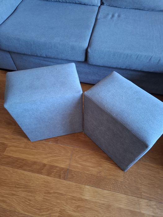 Sofá Chaiselongue Cinzento + 2 Puffs – Praticamente Novo (3 Anos)