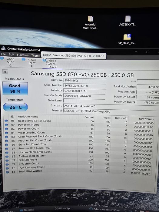Samsung evo 870 SSD M.2 250GB  99% життя