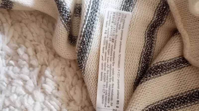 Sweter Massimo Dutti M 38 z wełną pasy paski srebrna nitka  biały ecru