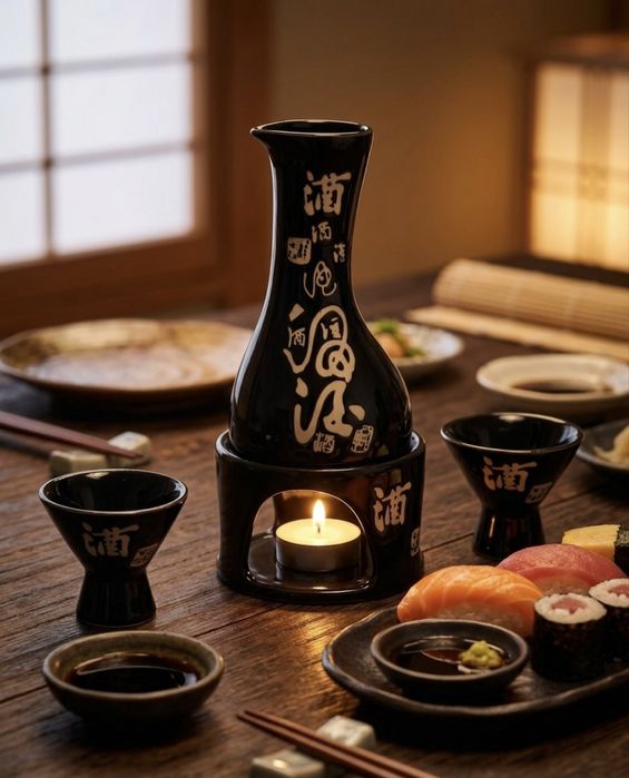 Conjunto de Sake Japonês em Cerâmica Preta com Aquecedor (5 peças)
