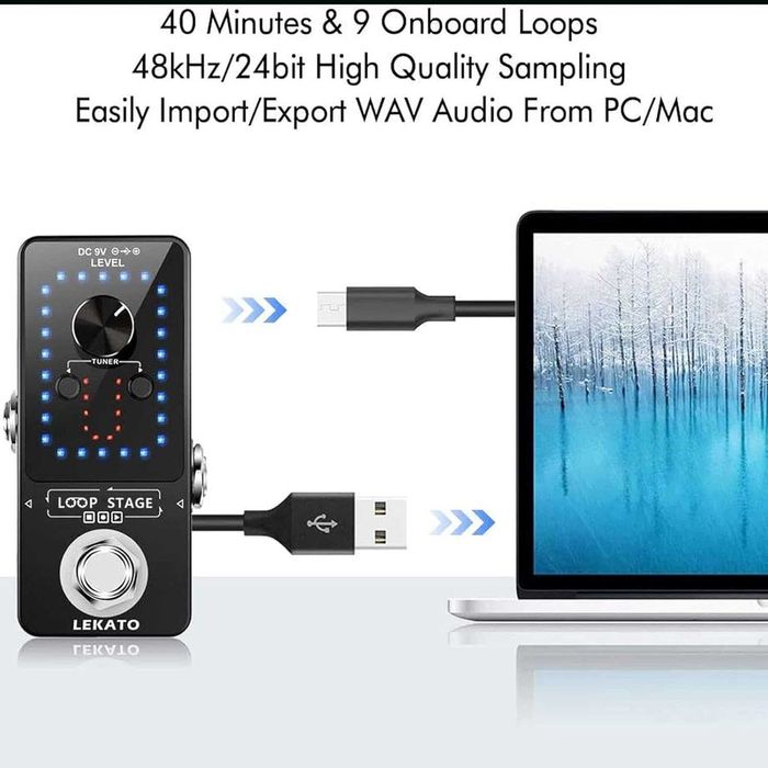 Looper, wbudowany tuner, pedał efektowy pętli basowej