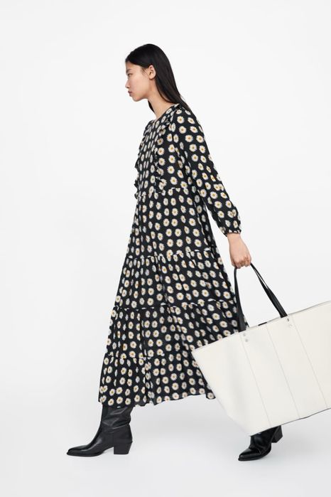 Длинное платье с цветочным принтом zara натуральное летнее платье с оборками довга квіткова сукня зара віскоза