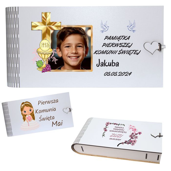 Drewniane pudełko na zdjęcia I Komunia Św miejsce na pendriva