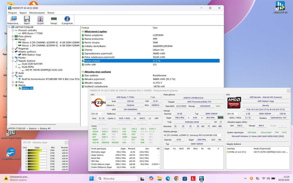 Laptop LENOVO IdeaPad Slim 5 16ABR8/ 16"/ AMD Ryzen 7 7730U/ 16GB/ SSD 512GB/ Windows 11/ Gwarancja