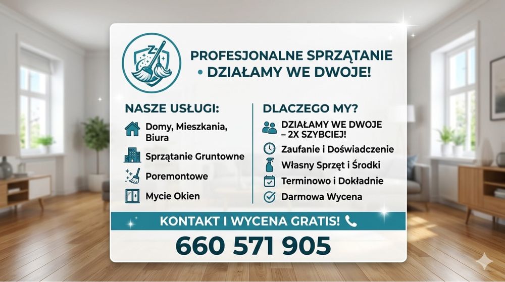 Sprzątanie Mieszkań, Domów i Biur, Zgrany Duet, Szybkie Terminy!