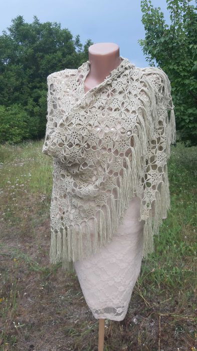 В'язана шаль з бахромою з бавовни, світло-зелений колір