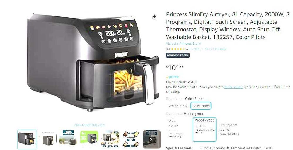 Princess SlimFry Airfryer, 8L Capacidad, 2000W