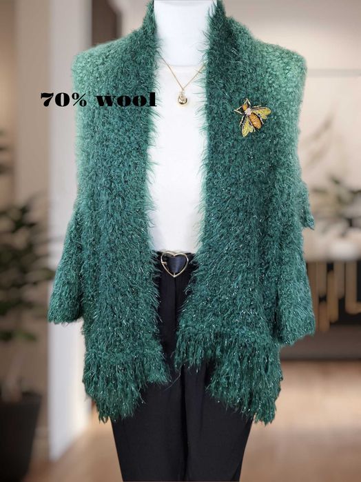 Włochaty Sweter Wełniany Kardigan Narzutka A'la Szal Z Rękawami Damski